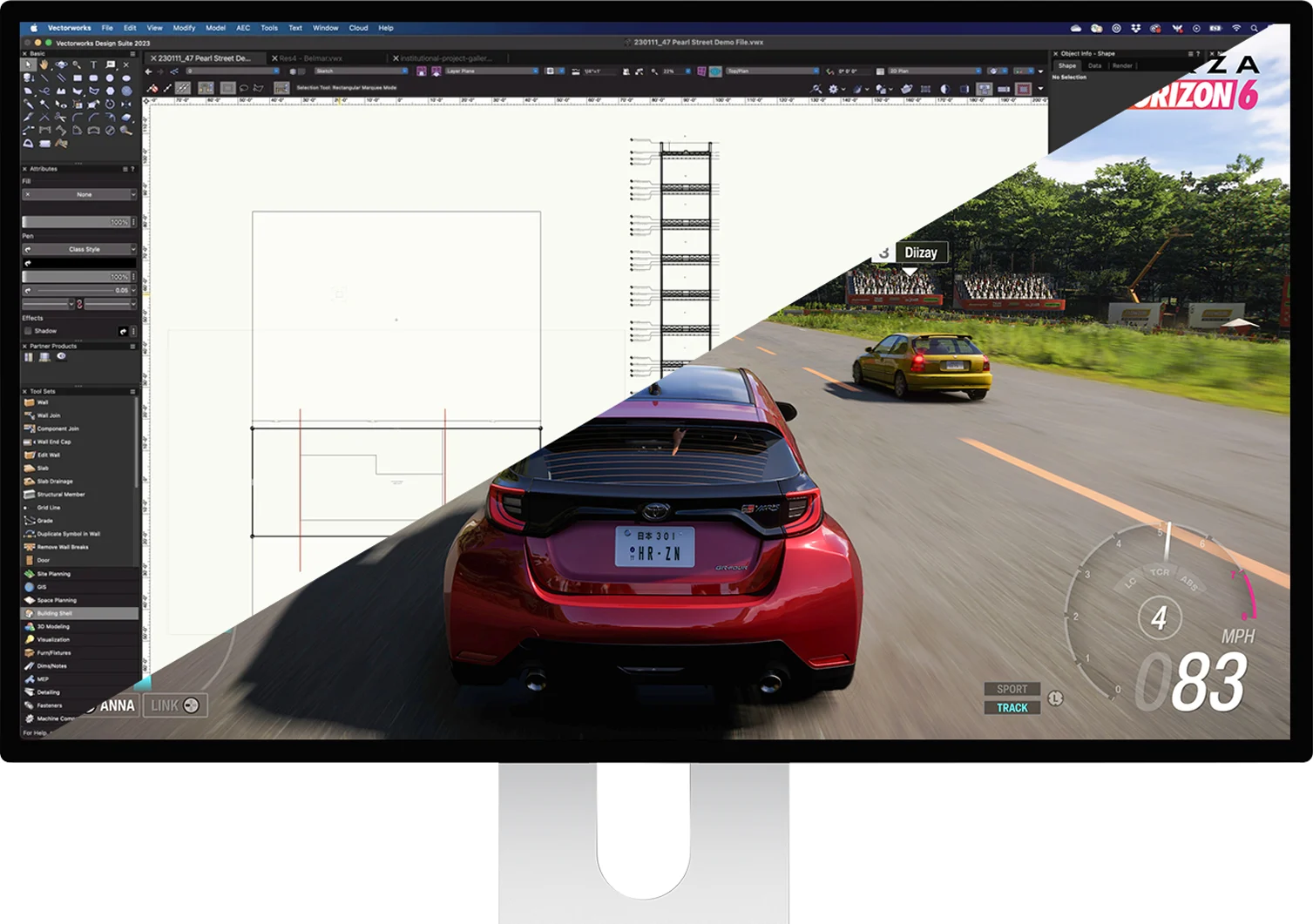 Kuycon 32-inch 4K monitor showing a CAD drawing on one half and a racing game on the other