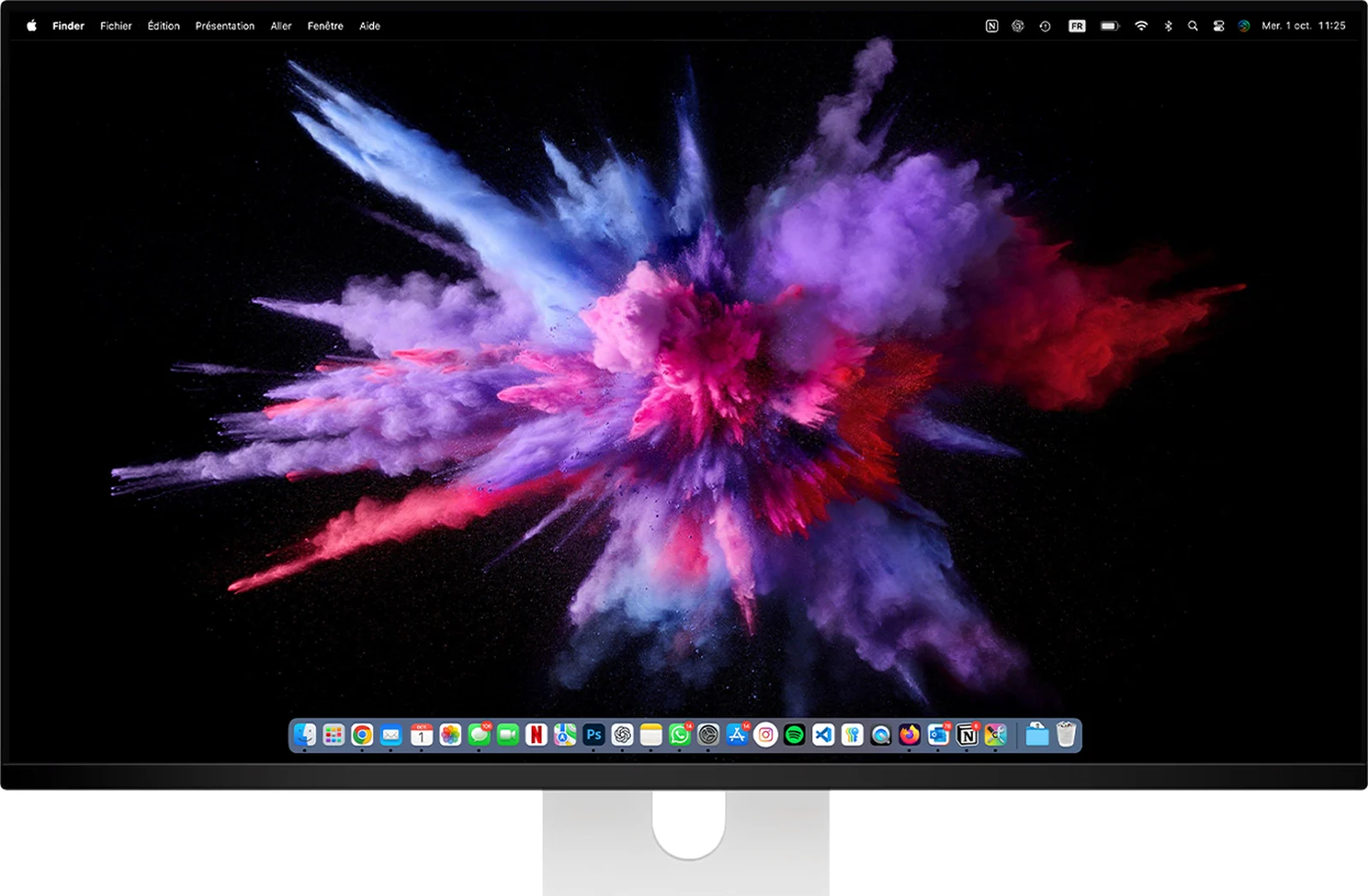 Kuycon Q32S 32-inch 4K QD-OLED monitor showing a macOS desktop with the menu bar and the Dock
