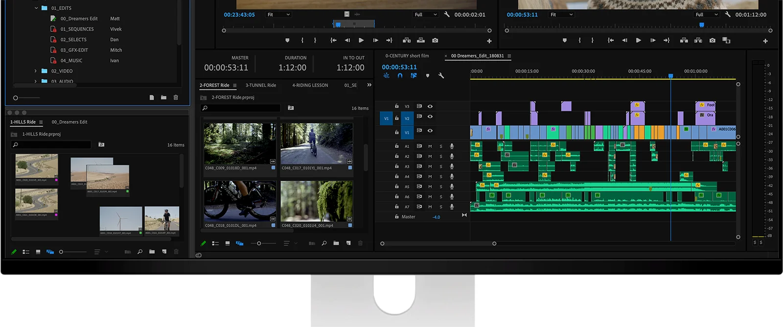 Video editing software with its timeline and panels displayed on the Kuycon Q32S
