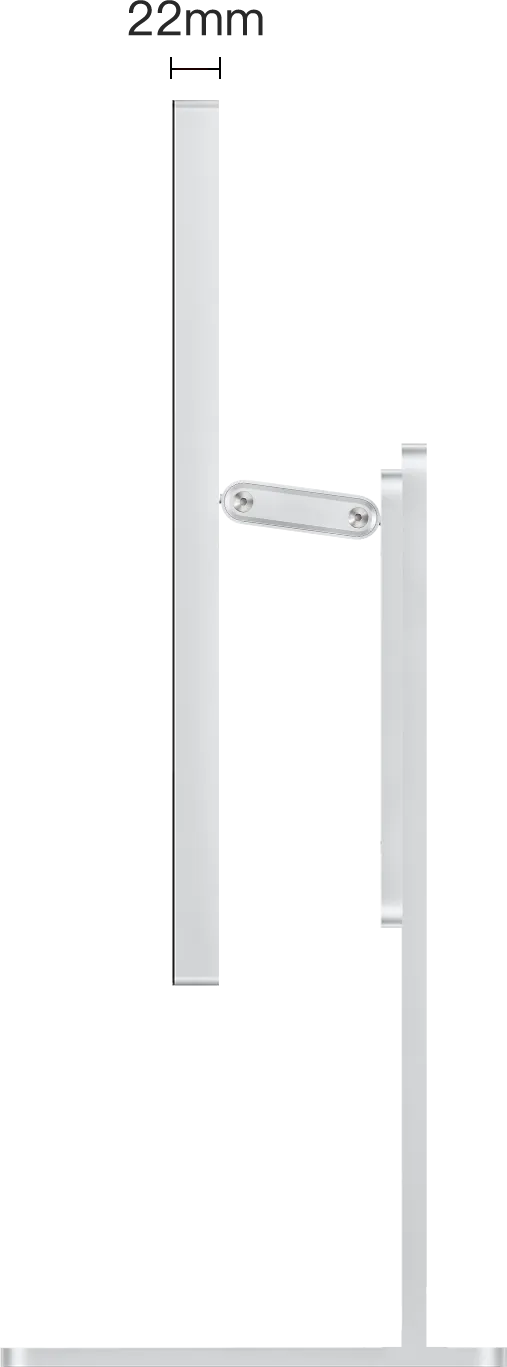 Side-view diagram of the Kuycon W34KB monitor on its stand, with the enclosure thickness marked at 22 mm