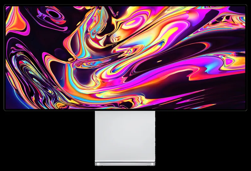 Kuycon W34KB monitor on a black background showing highly saturated swirls of pink, orange, yellow and blue, to illustrate color richness