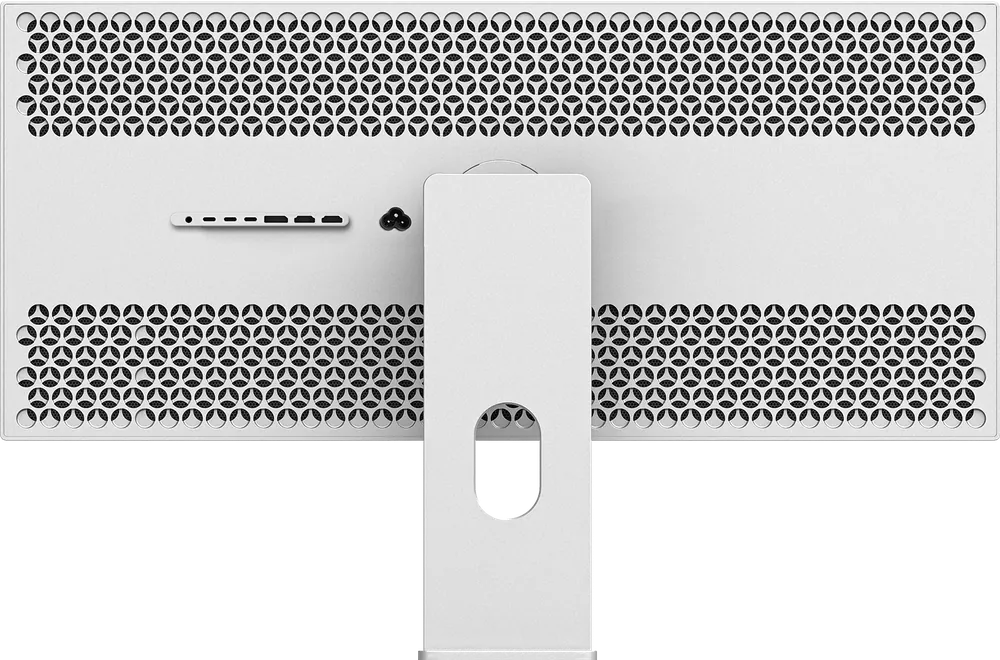 Perforated back of the Kuycon W34KB monitor seen straight on, with the central stand and the row of connectors