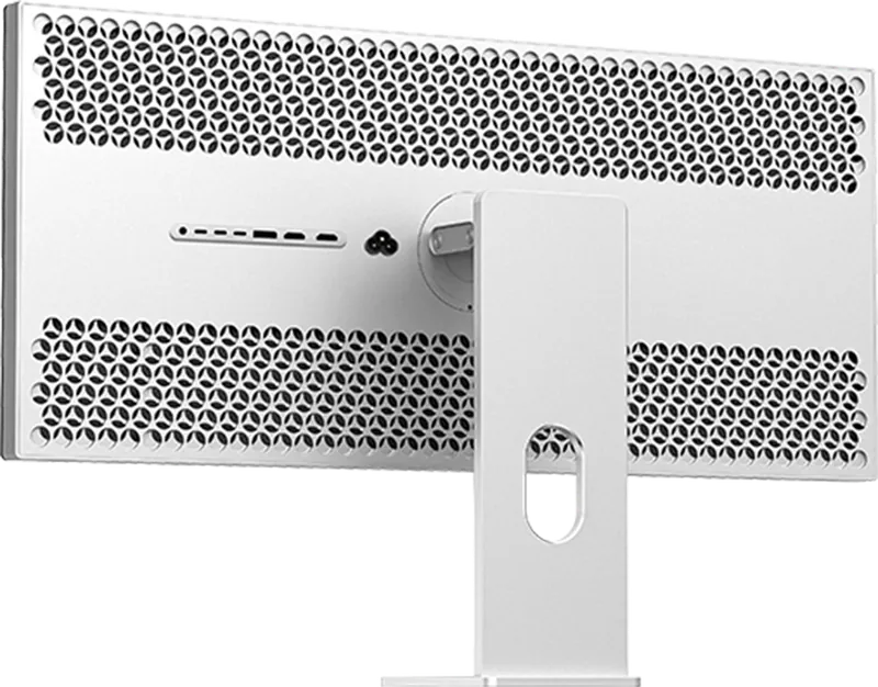 Three-quarter view of the perforated back of the Kuycon W34KB monitor: two strips of perforated aluminum, row of connectors, power socket and aluminum stand