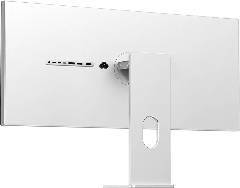 Three-quarter view of the plain back of the Kuycon W34KB monitor: solid aluminum panel, row of connectors, power socket and aluminum stand