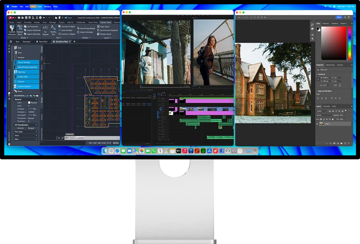 Kuycon W34KB monitor showing three apps side by side: technical drawing software, video editing software and photo retouching software