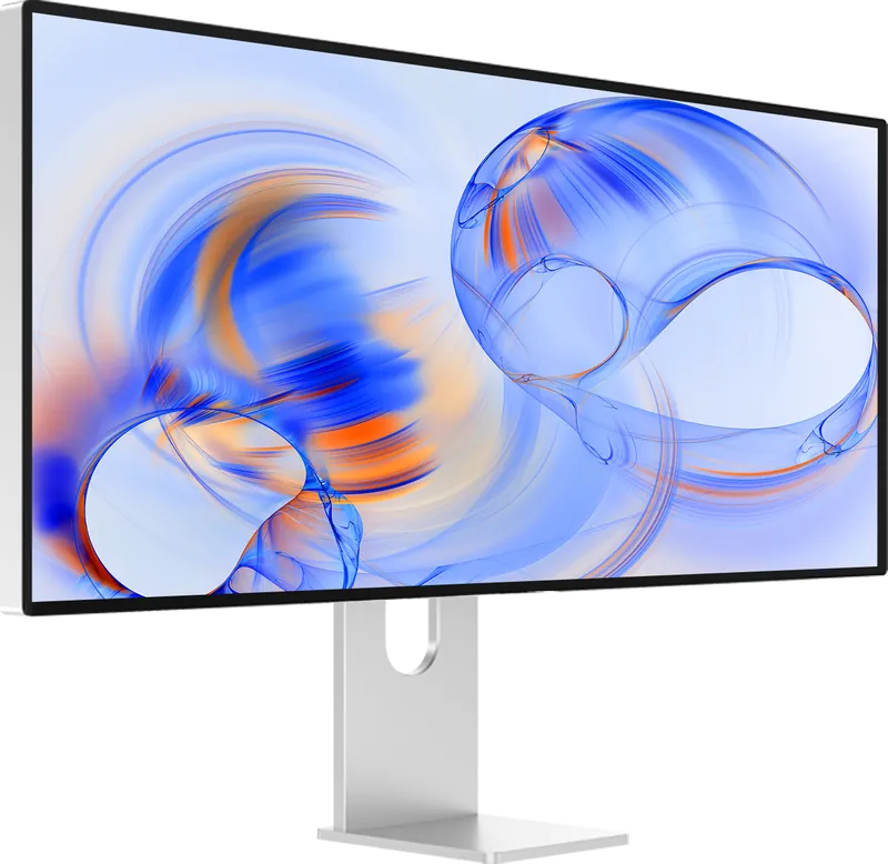 Three-quarter front view of the Kuycon W34KB monitor, with thin bezels and an aluminum stand